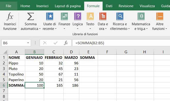somma automatica excel 2