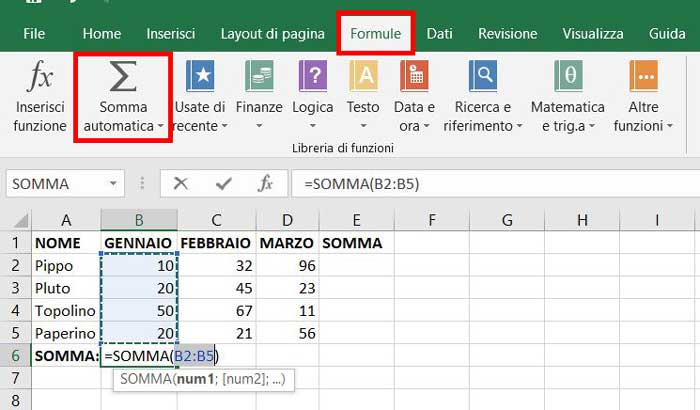 somma automatica excel