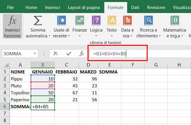somma manuale excel